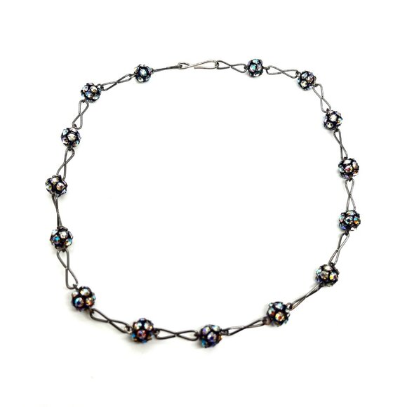 VINTAGE AB Aurora Borealis Crystal Disco Ball Necklace Gunmetal Station Choker - Picture 6 of 13